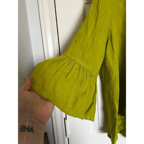 Bryn Walker Fran Light Linen Round Neck Bell Sleeve Ruffle Top Green Medium - Picture 4 of 7
